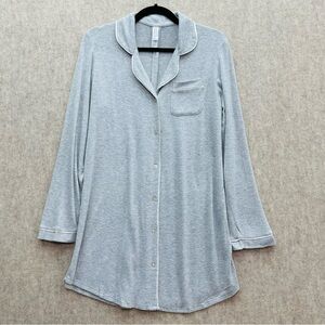 Women's Stars Above Gray Flannel Button Down Night Shirt with Piping, S